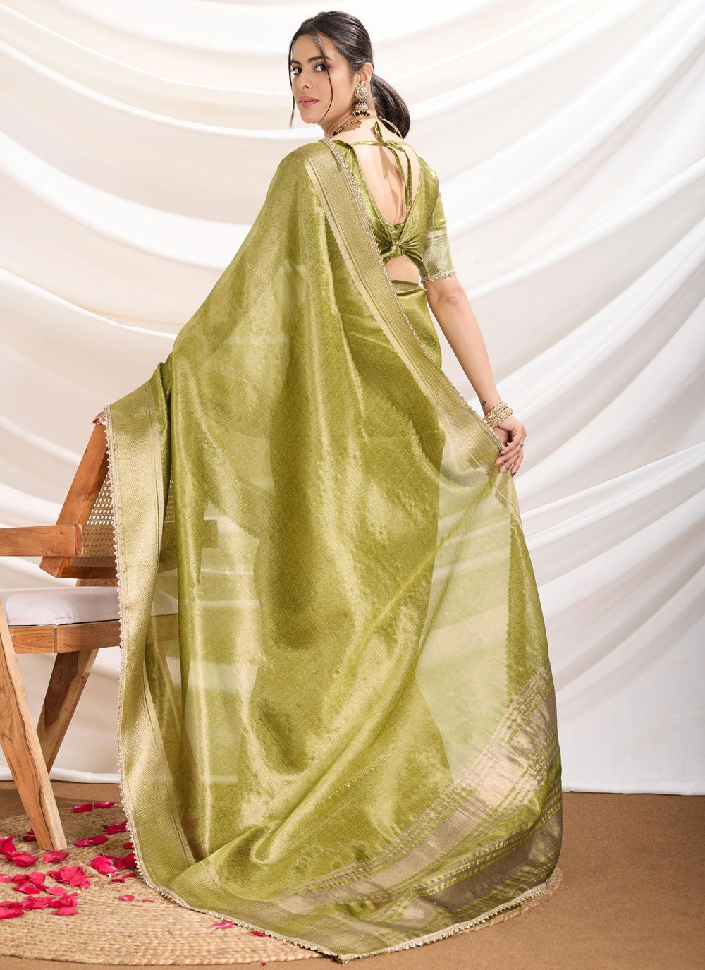 Fancy Work Linen Green Designer Saree S15367