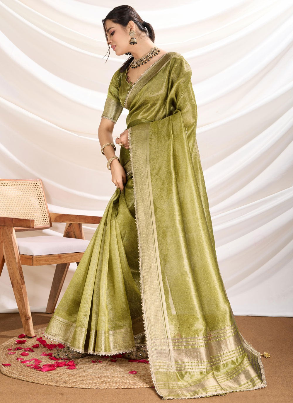 Fancy Work Linen Green Designer Saree S15367