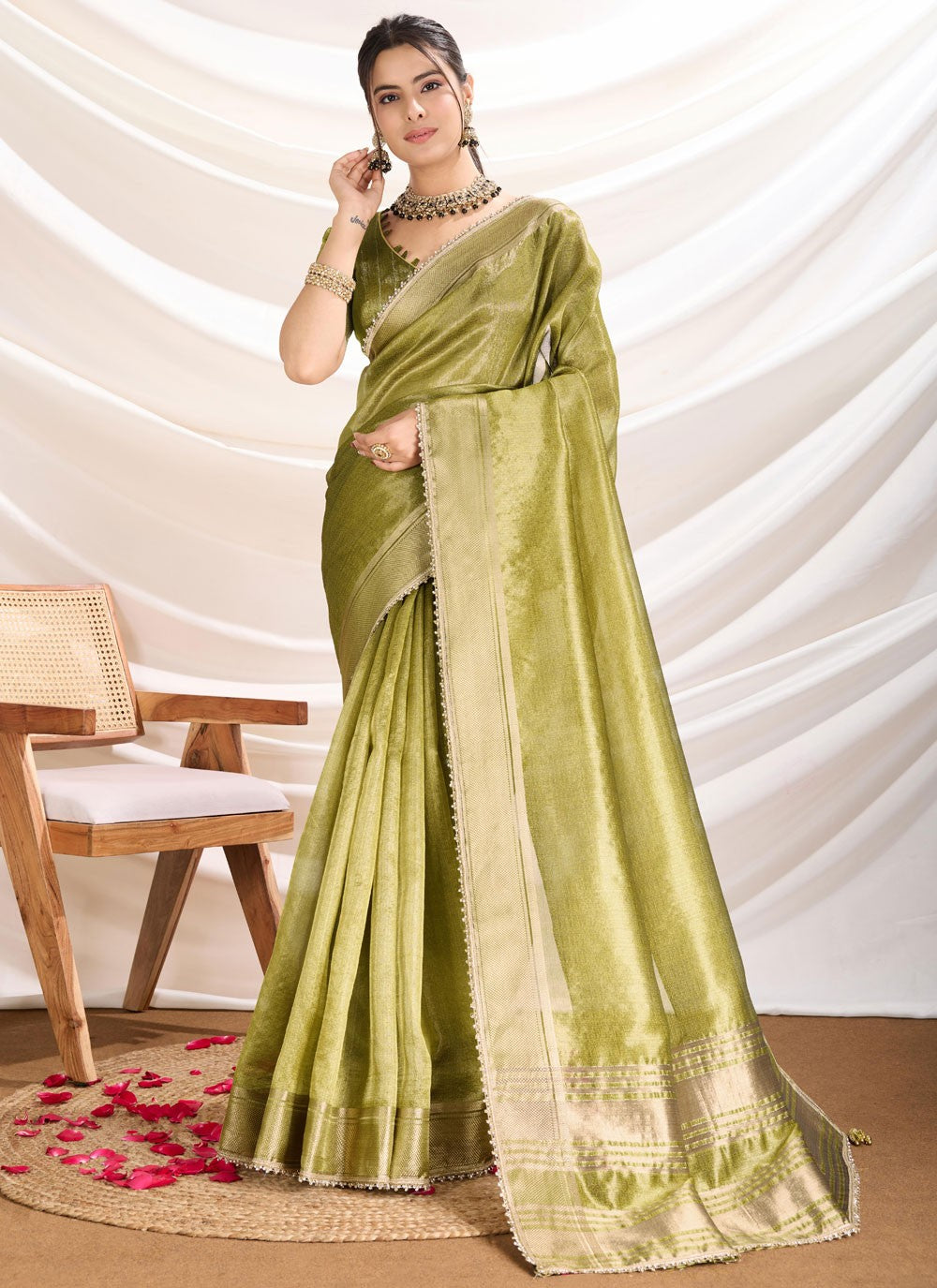Fancy Work Linen Green Designer Saree S15367
