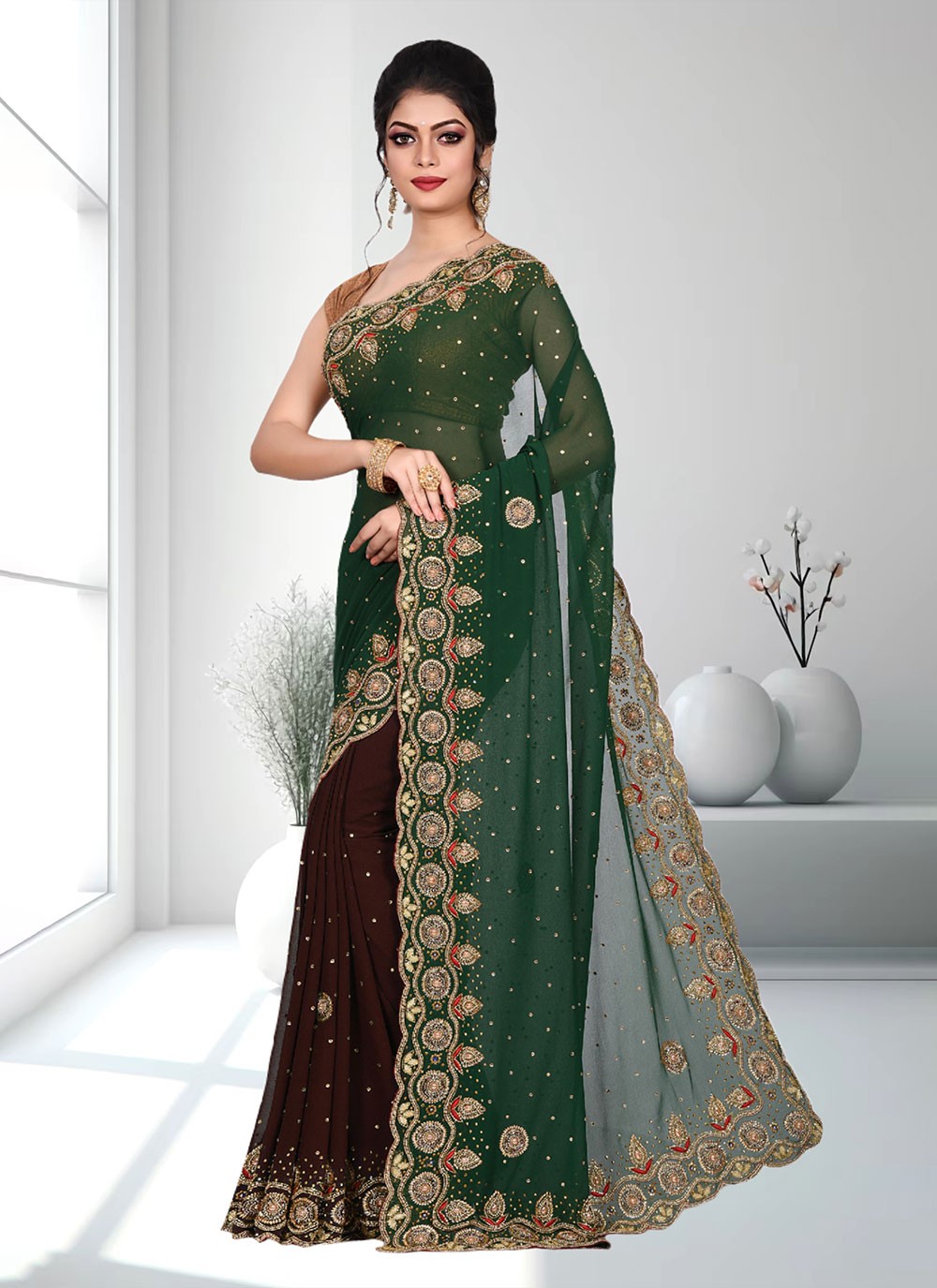 Classic Hand Embroidery Brasso Saree - S4738
