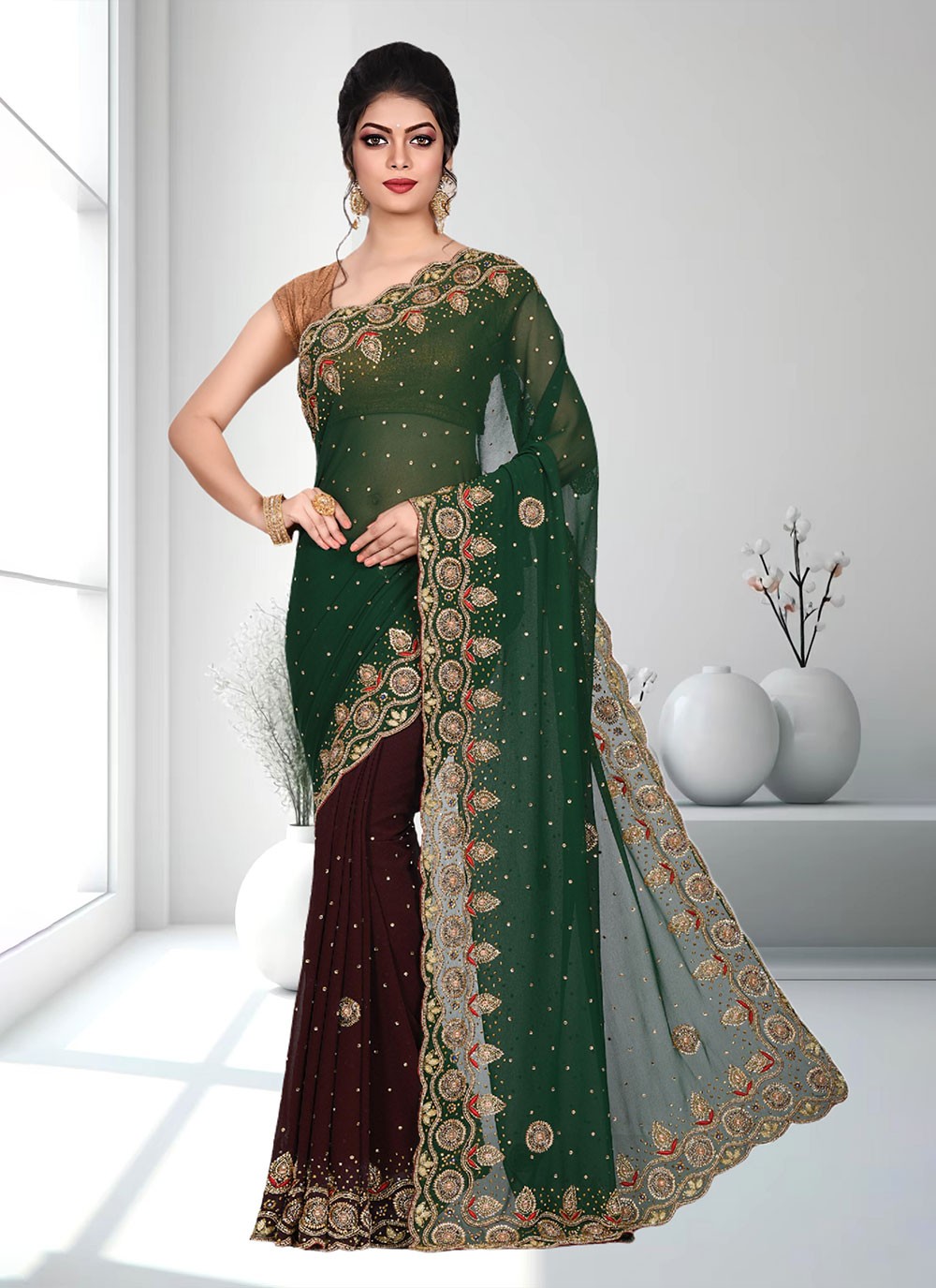 Classic Hand Embroidery Brasso Saree - S4738