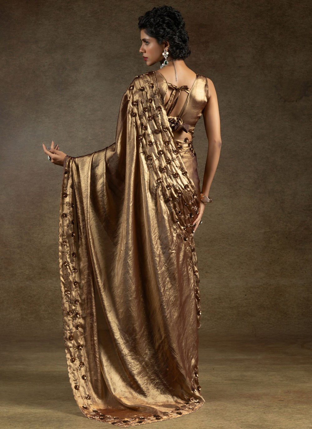 Sequins Satin Silk Brown Saree S14822