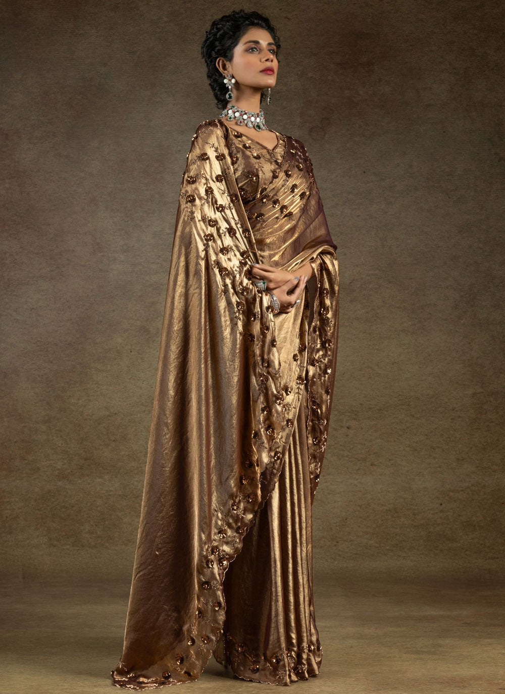 Sequins Satin Silk Brown Saree S14822