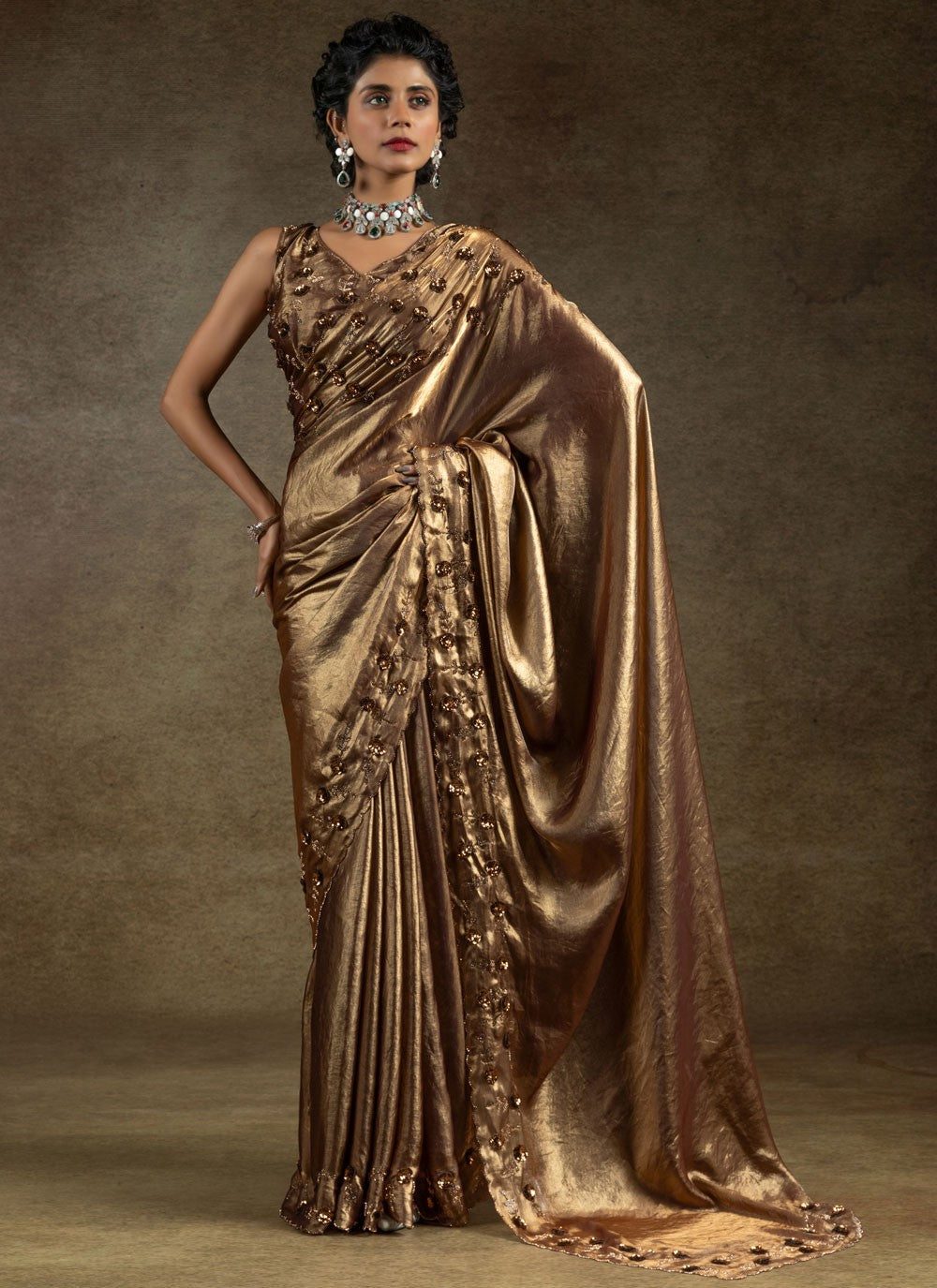 Sequins Satin Silk Brown Saree S14822