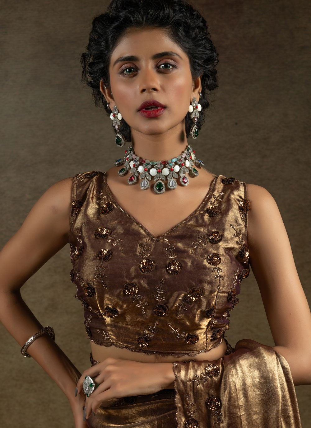 Sequins Satin Silk Brown Saree S14822
