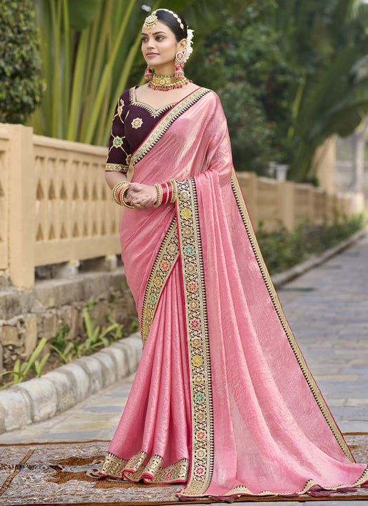 Border Work Silk Pink Designer Saree S15362