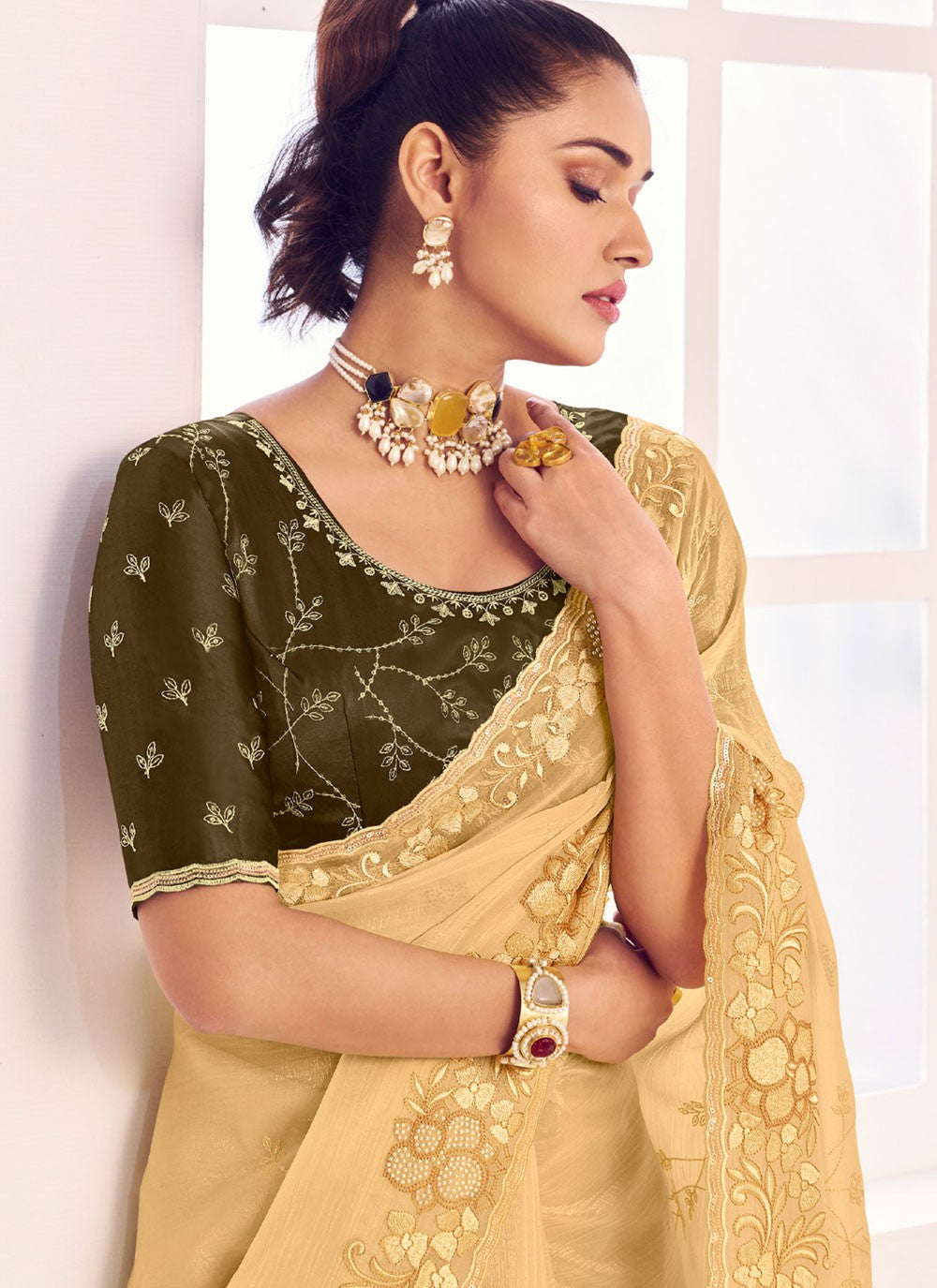 Designer Cut Work Cream, Yellow Silk Saree S12577