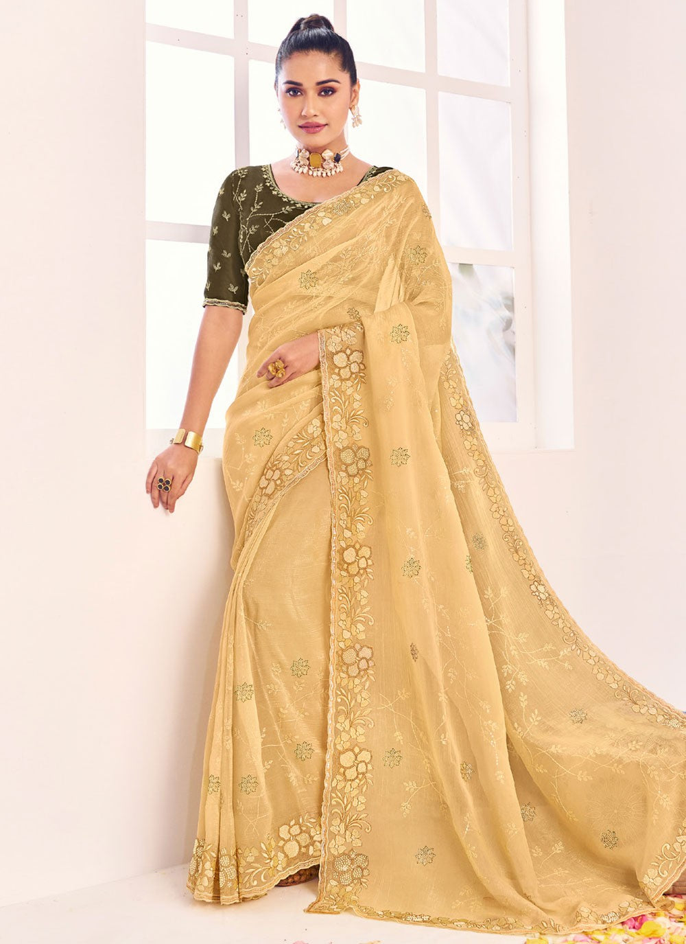 Designer Cut Work Cream, Yellow Silk Saree S12577