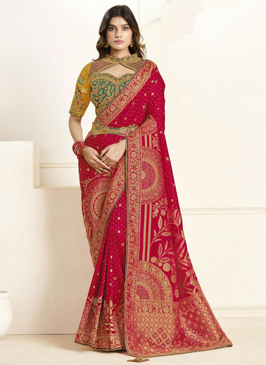 Border Work Silk Hot Pink Designer Saree S15458