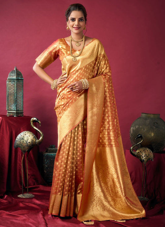Rust Silk Designer Saree Jacquard Work S19394