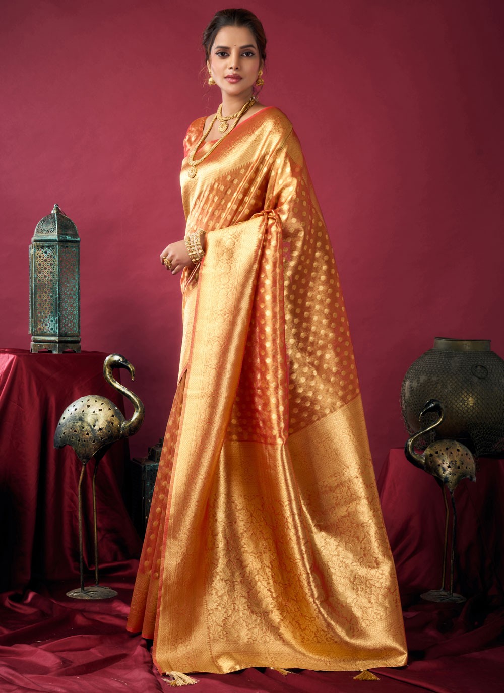 Rust Silk Designer Saree Jacquard Work S19394