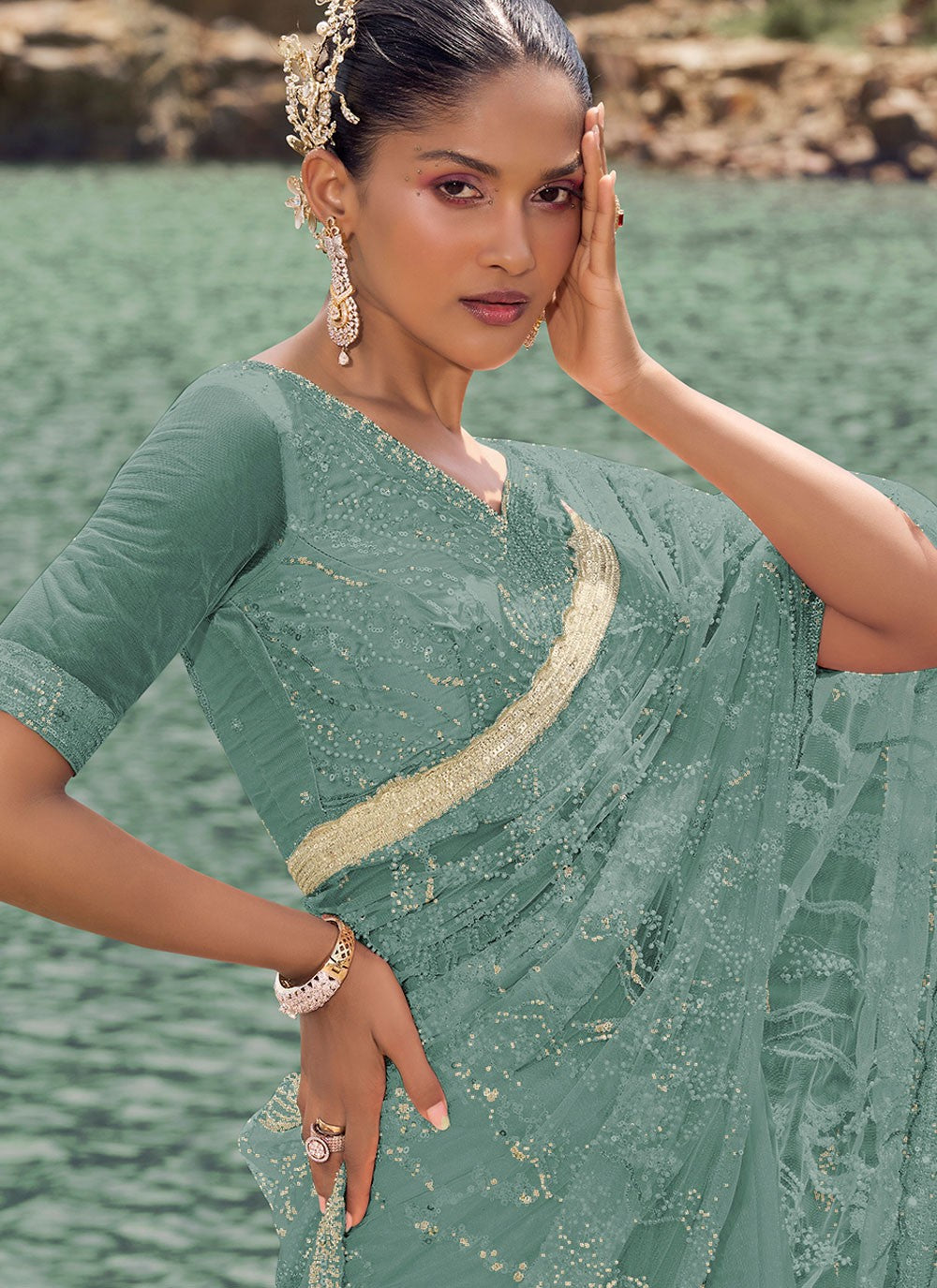 Classic Beads Net Saree - S8180