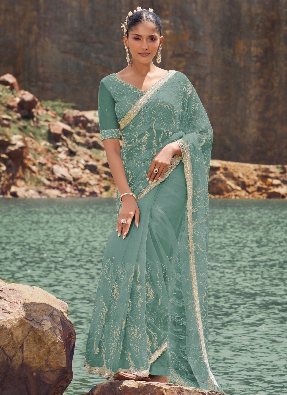 Classic Beads Net Saree - S8180