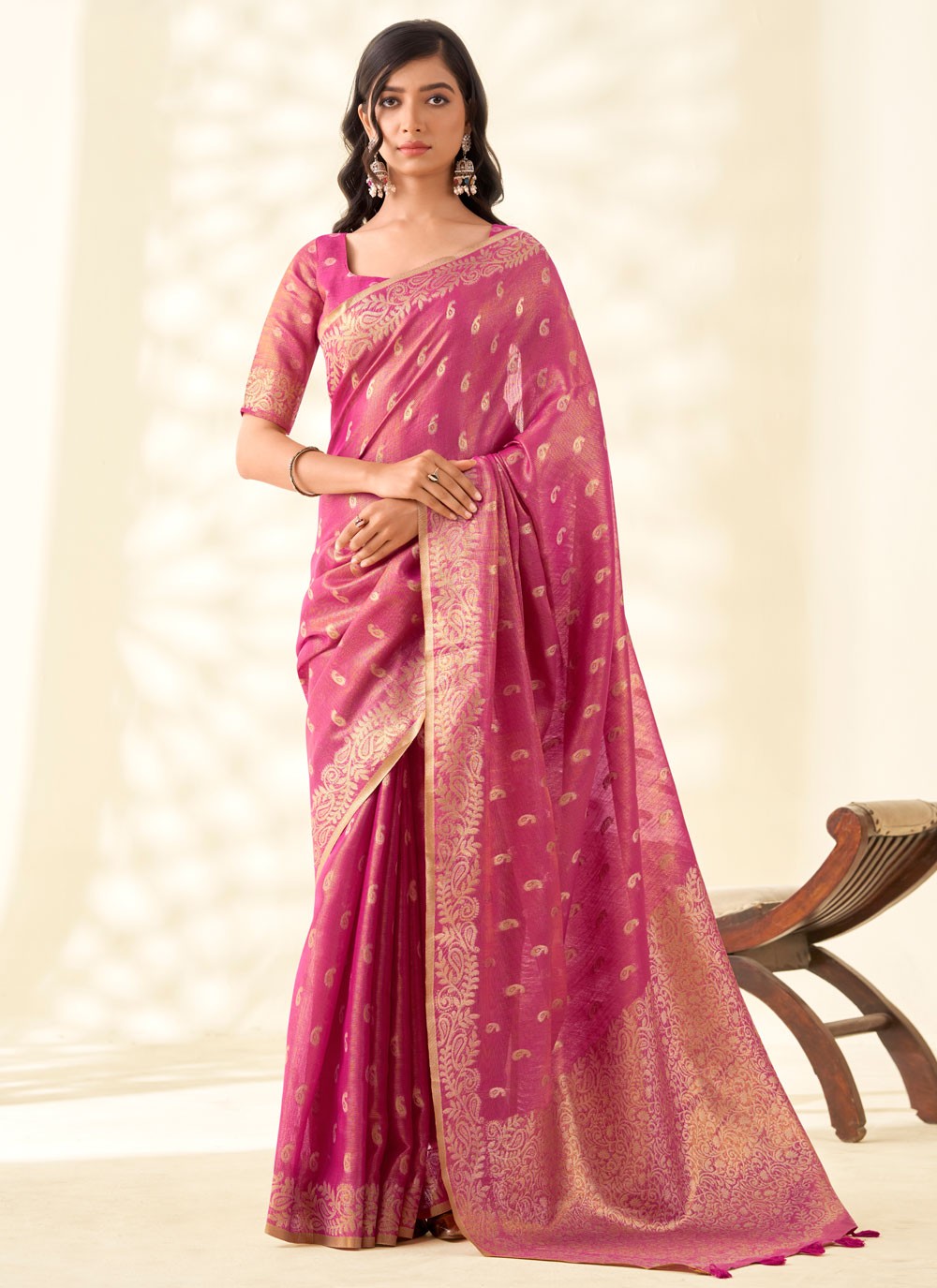 Hot Pink Silk Designer Saree Buttis, Weaving Zari, Zari S17893