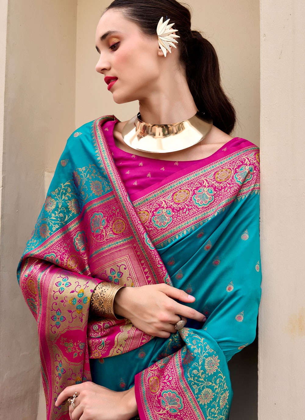 Weaving Zari Banarasi Silk Rama Saree S14664