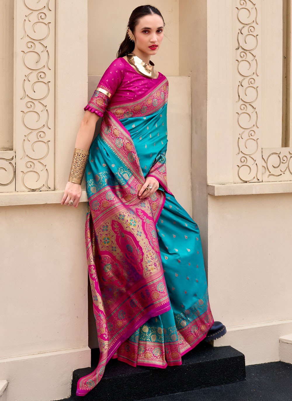 Weaving Zari Banarasi Silk Rama Saree S14664