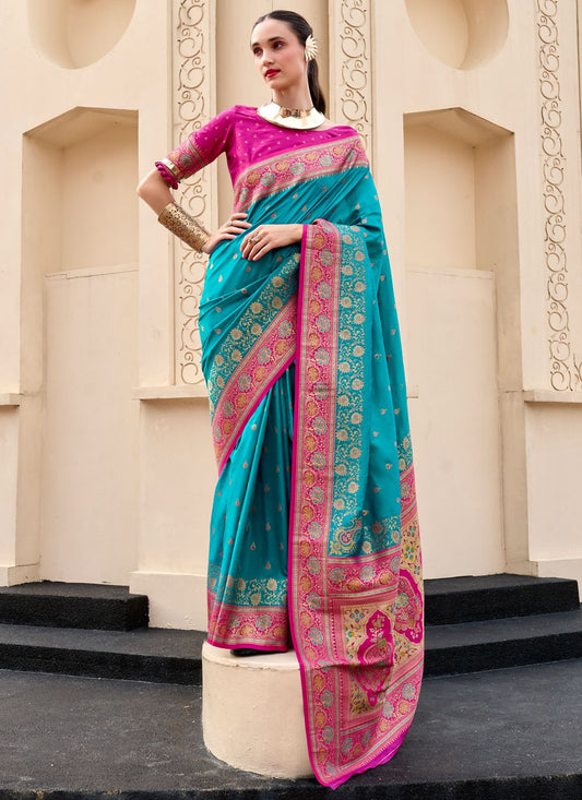 Weaving Zari Banarasi Silk Rama Saree S14664