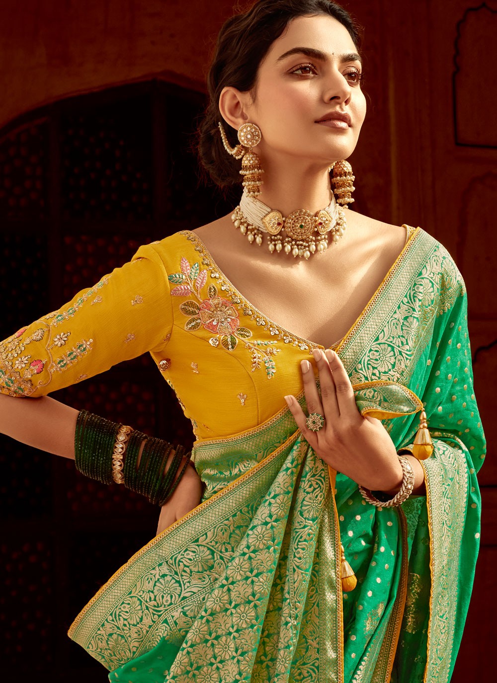 Weaving Zari Pure Dola Turquoise Saree S14216