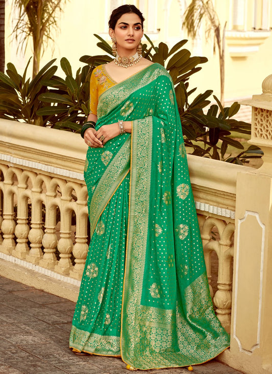 Weaving Zari Pure Dola Turquoise Saree S14216