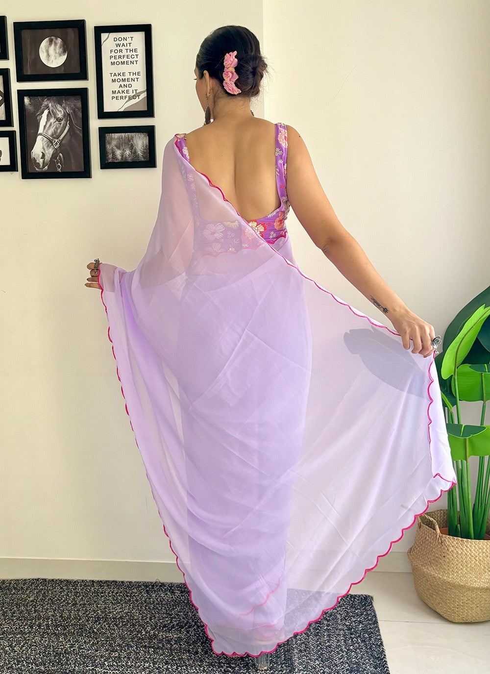 Traditional Border Work Faux Georgette Saree - S7576