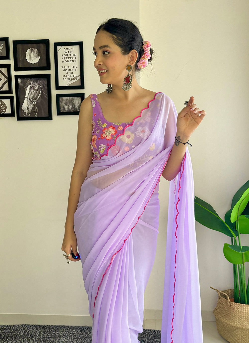 Traditional Border Work Faux Georgette Saree - S7576