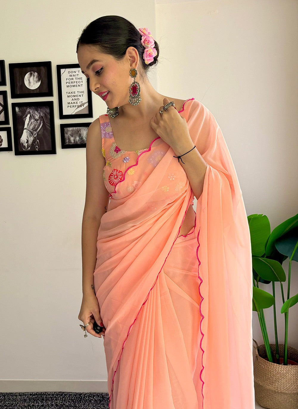 Traditional Border Work Faux Georgette Saree - S7576