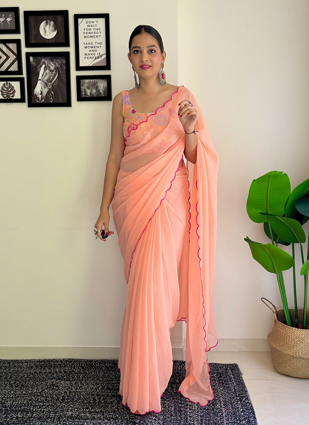 Traditional Border Work Faux Georgette Saree - S7576