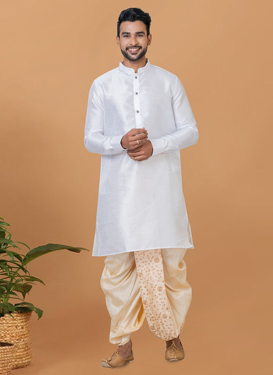 Plain Banarasi Silk White Dhoti Kurta - M5942