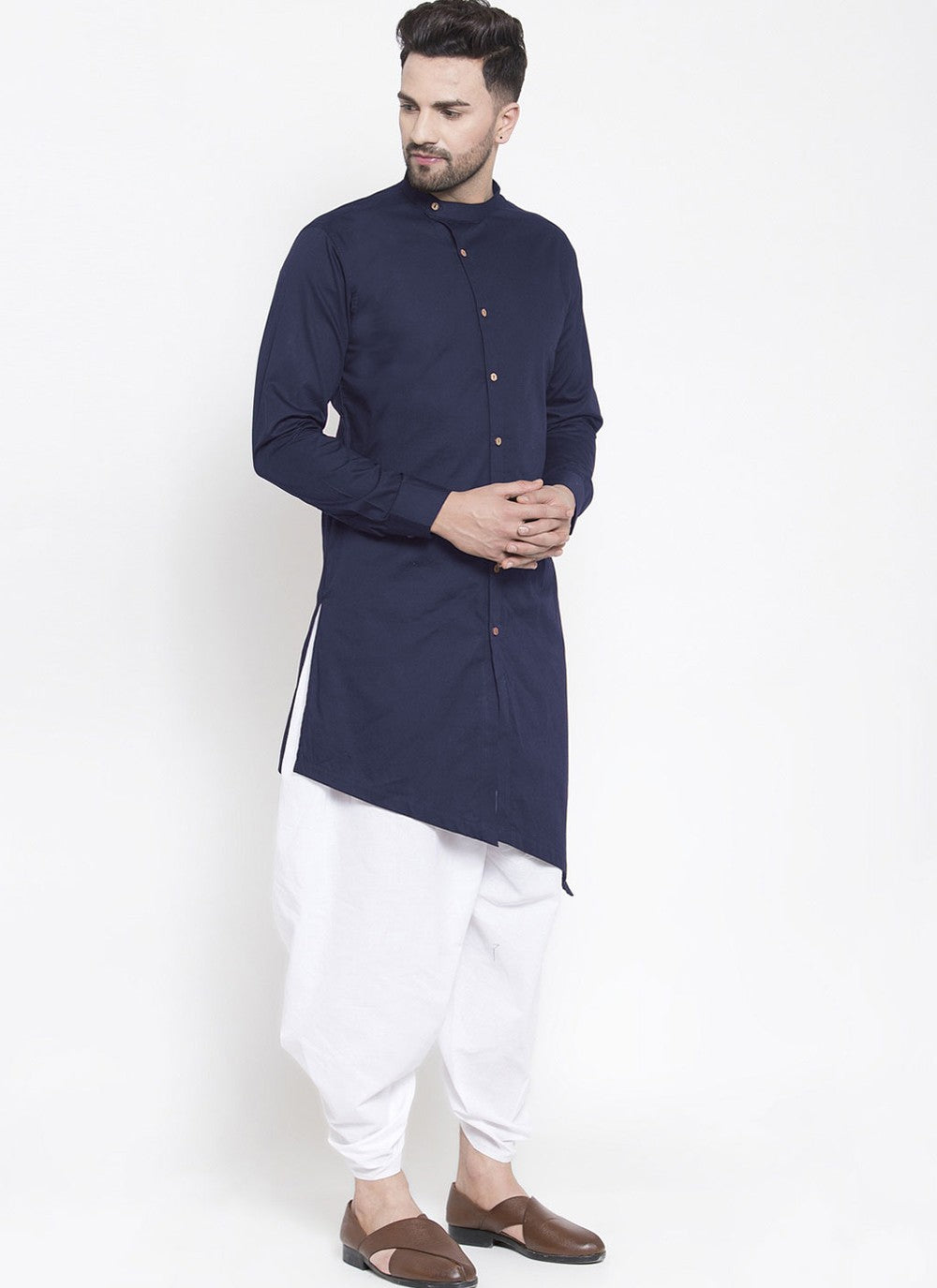Plain Blended Cotton Navy Blue Dhoti Kurta - M4477