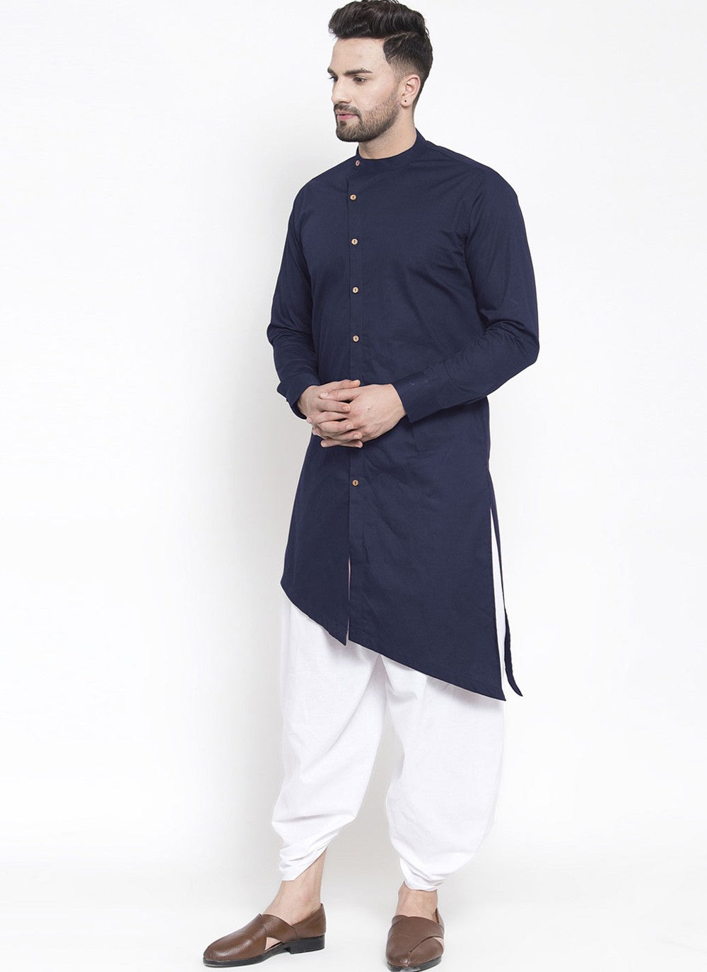 Plain Blended Cotton Navy Blue Dhoti Kurta - M4477