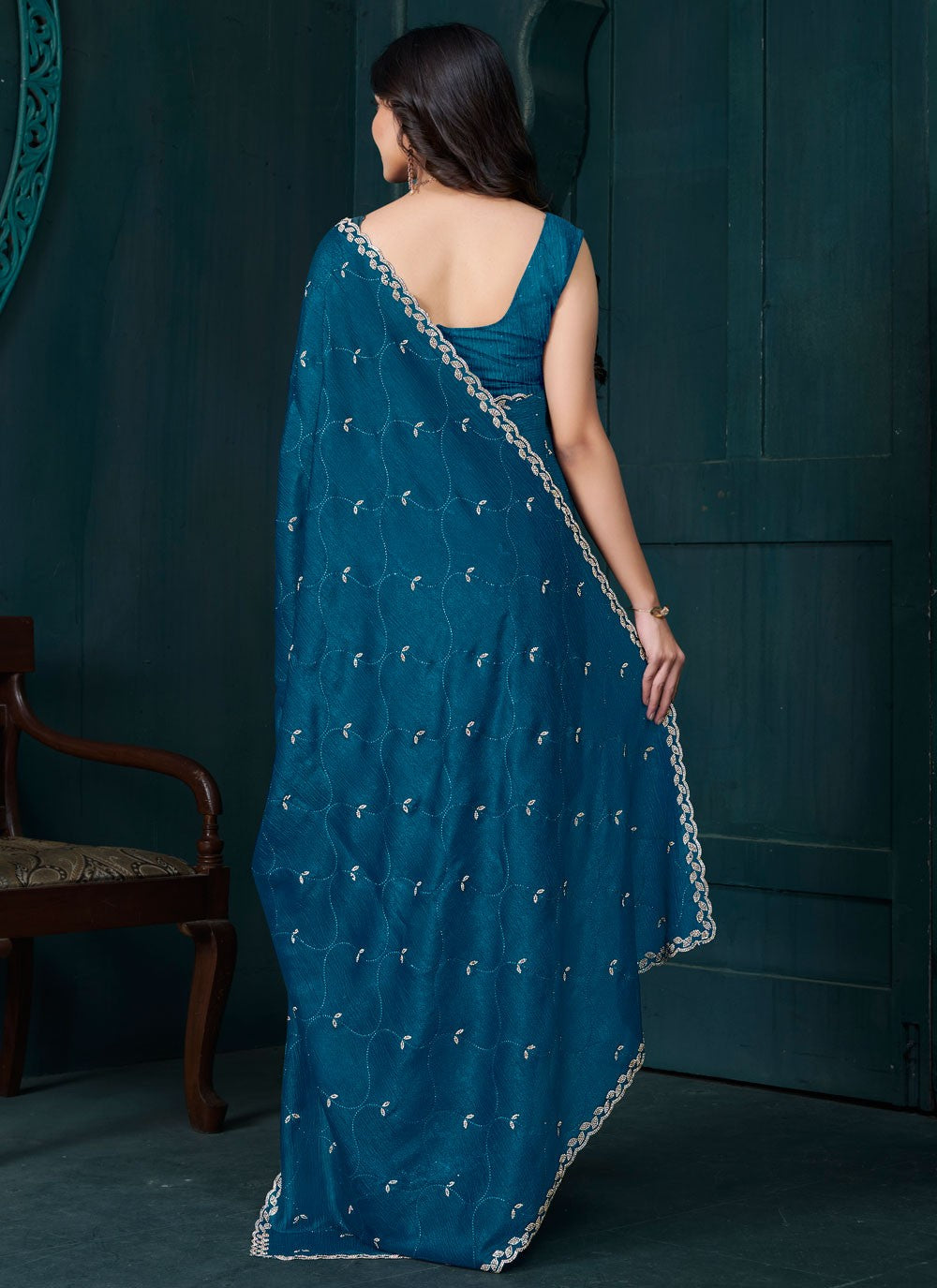 Diamond Crepe Silk Teal Classic Saree S15085