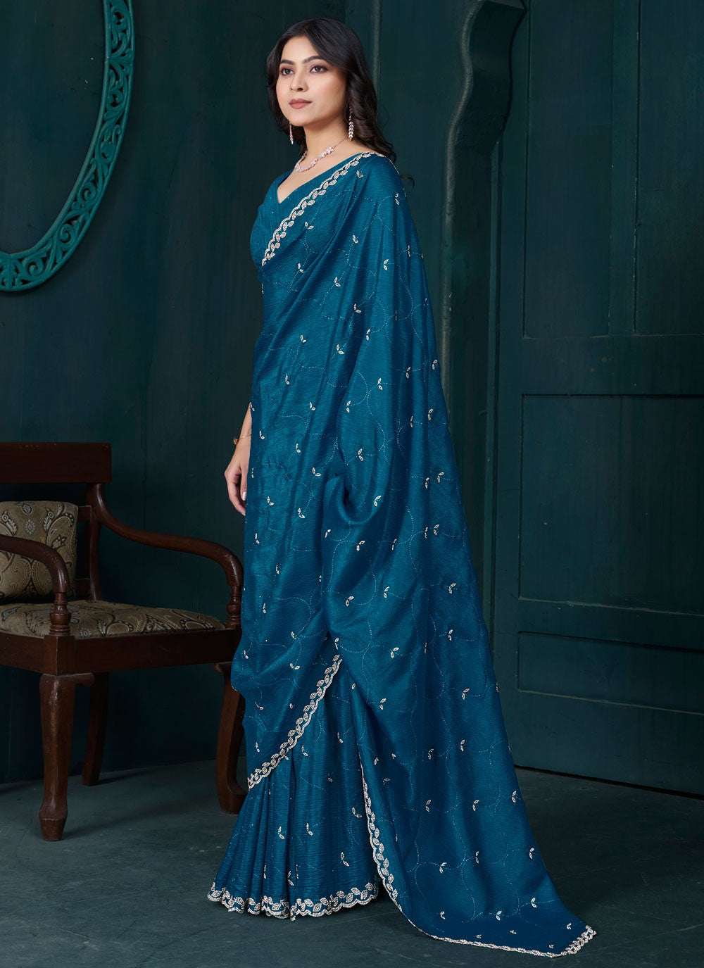 Diamond Crepe Silk Teal Classic Saree S15085