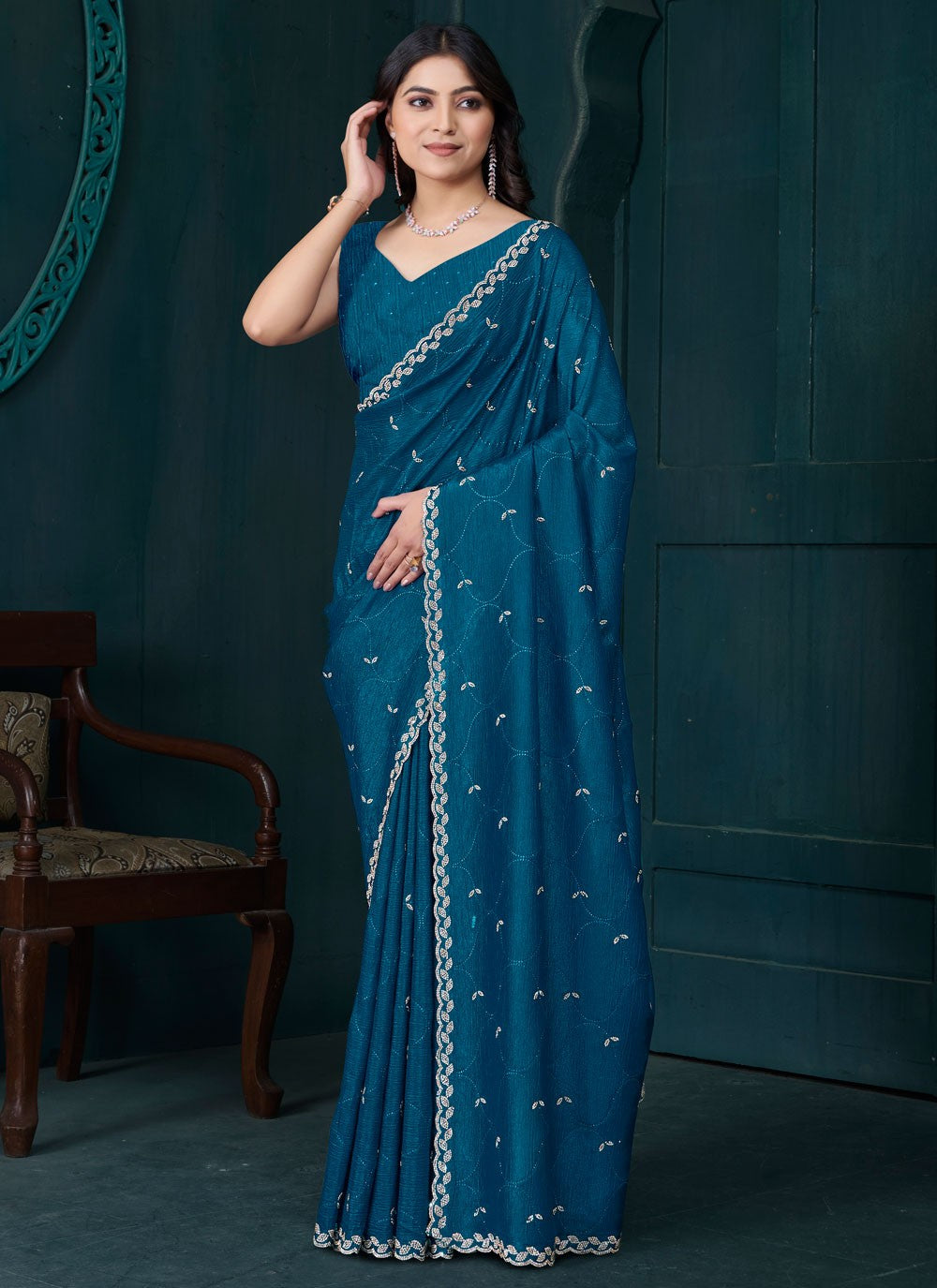 Diamond Crepe Silk Teal Classic Saree S15085