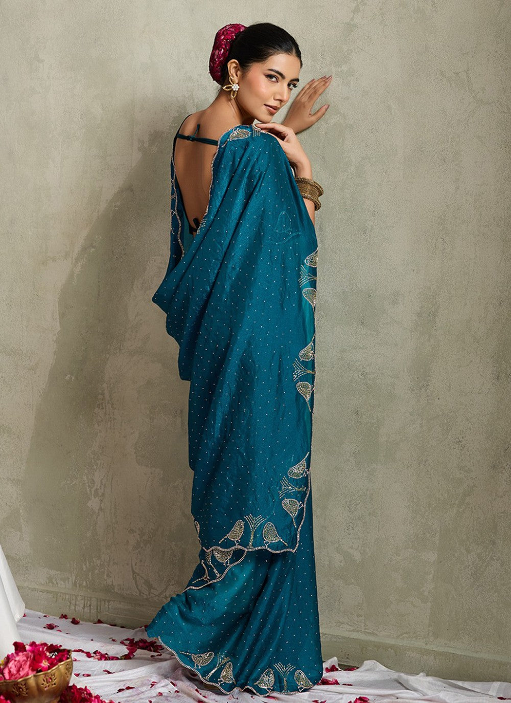 Teal Satin Contemporary Saree Diamond, Printed S20161