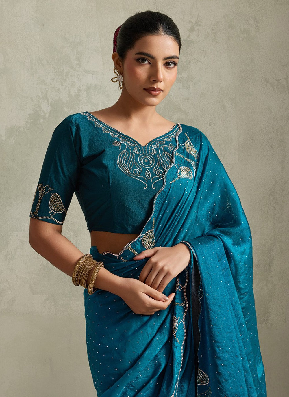 Teal Satin Contemporary Saree Diamond, Printed S20161