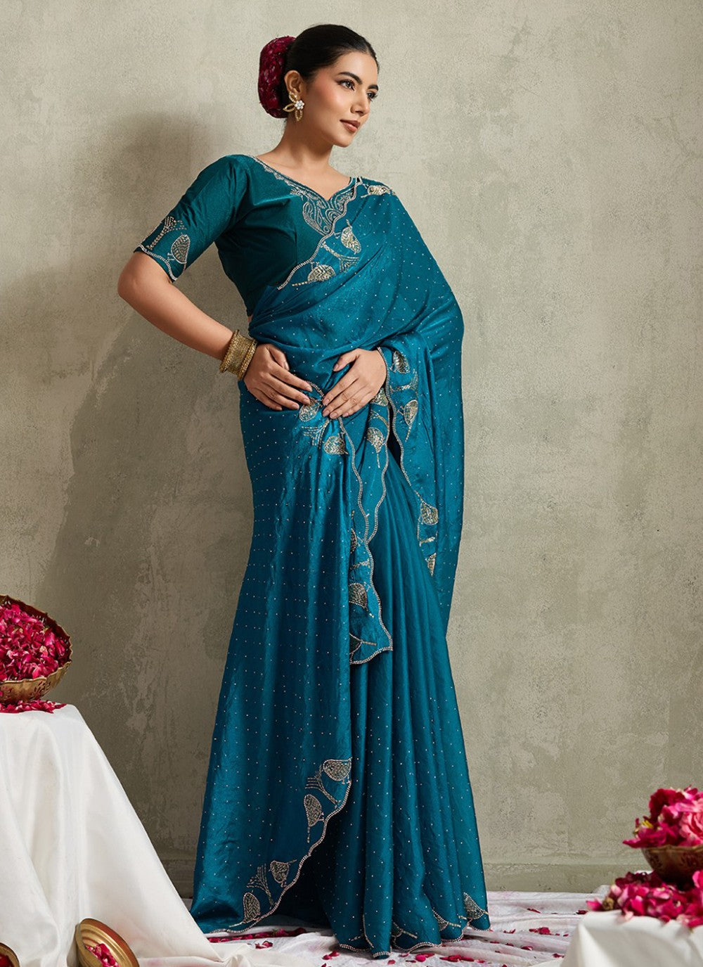 Teal Satin Contemporary Saree Diamond, Printed S20161