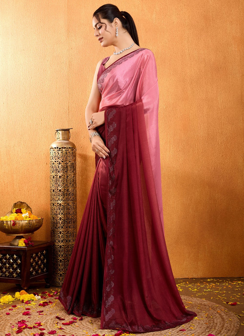 Diamond Chinon Maroon Saree S14534