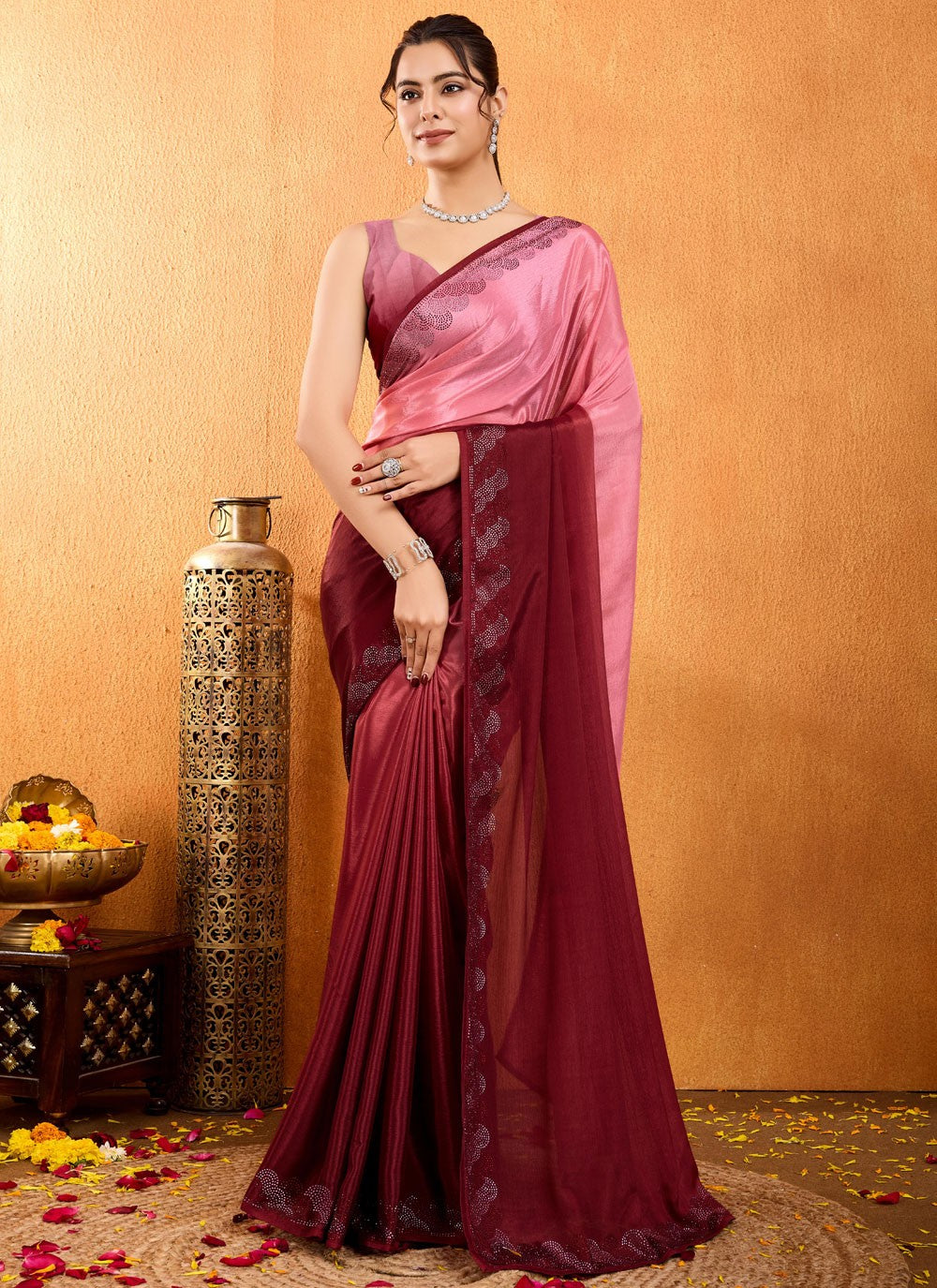 Diamond Chinon Maroon Saree S14534