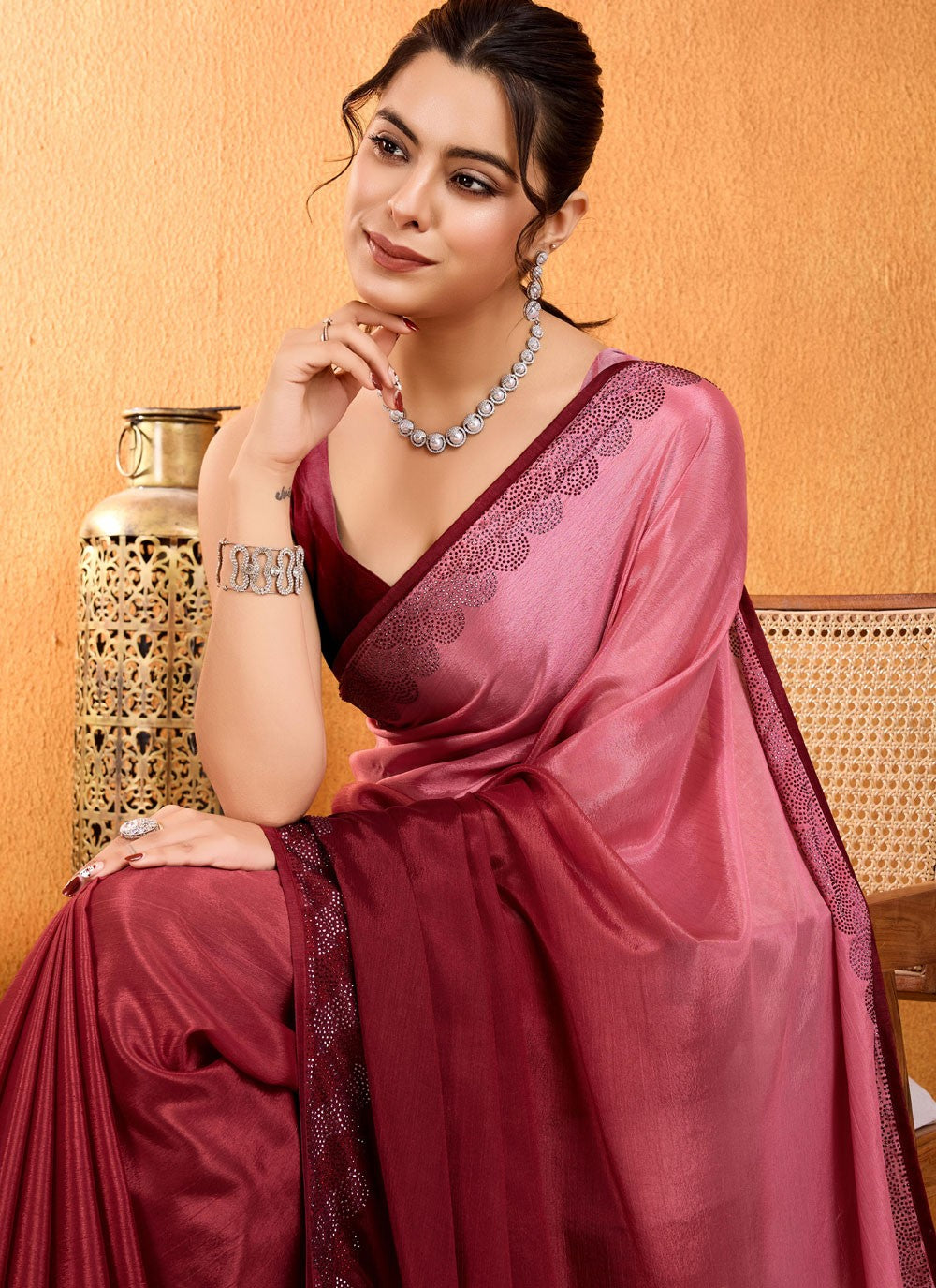 Diamond Chinon Maroon Saree S14534
