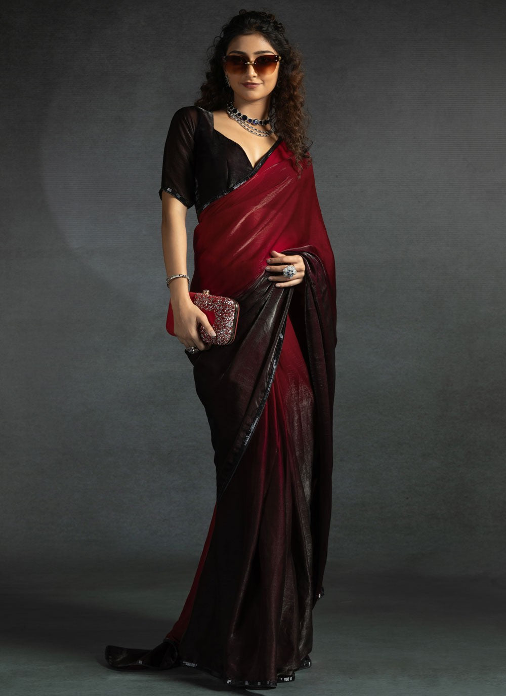 Border Work Satin Silk Red Trendy Saree S15434
