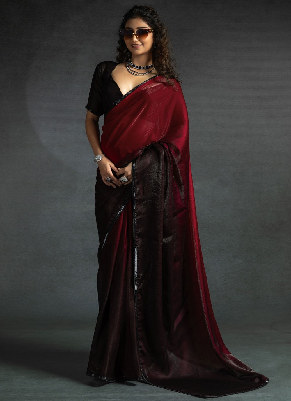 Border Work Satin Silk Red Trendy Saree S15434