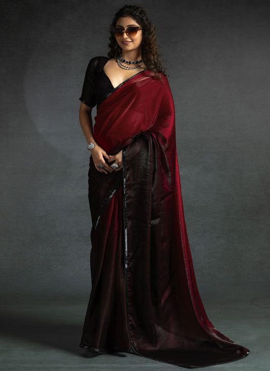 Border Work Satin Silk Red Trendy Saree S15434