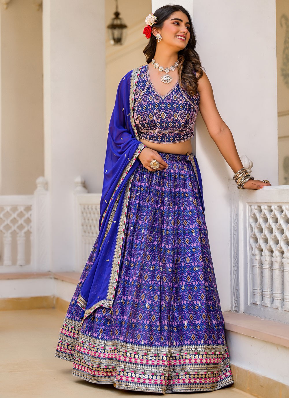 Digital Print Georgette Blue Lehenga - L3314