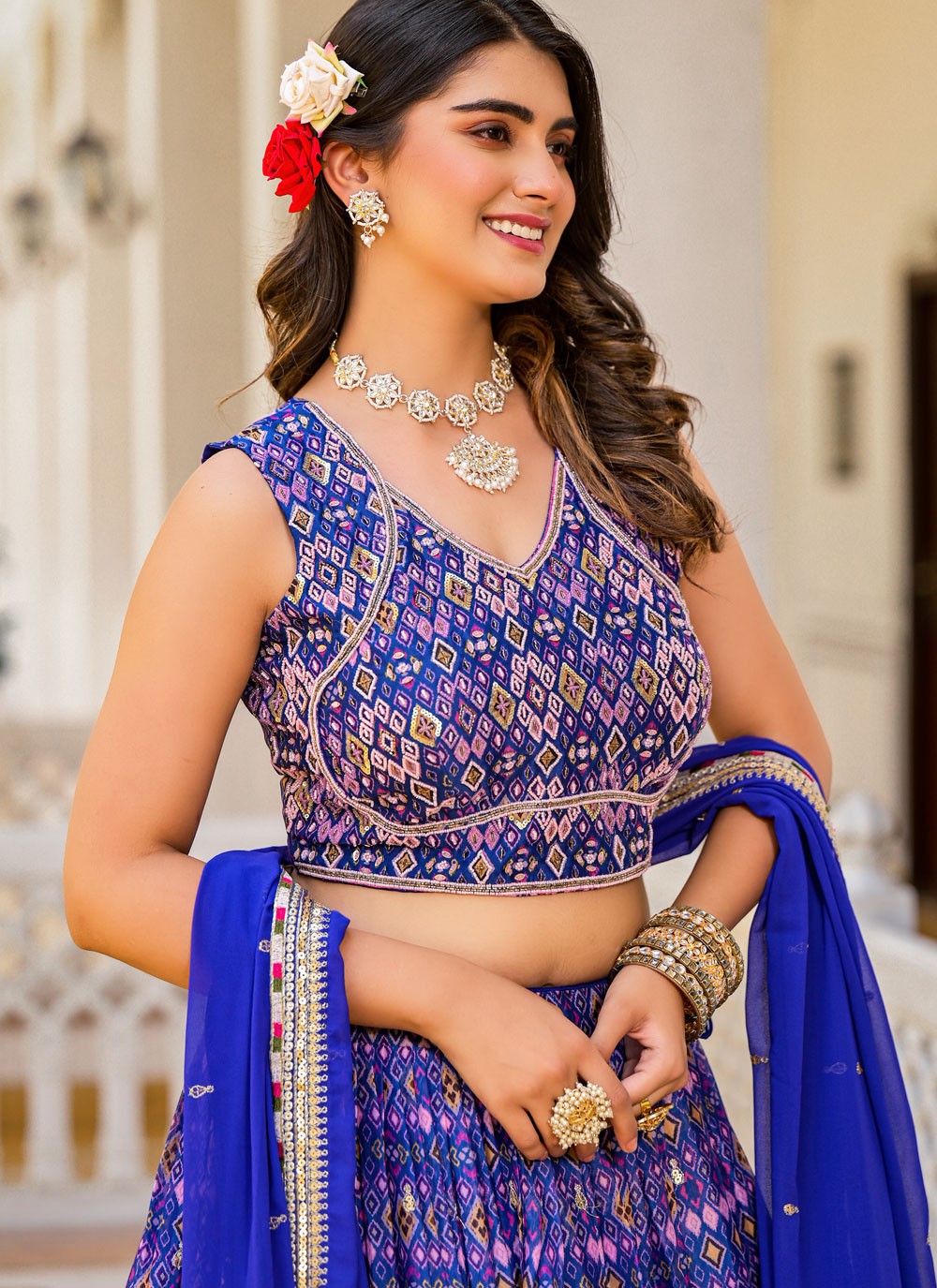 Digital Print Georgette Blue Lehenga - L3314