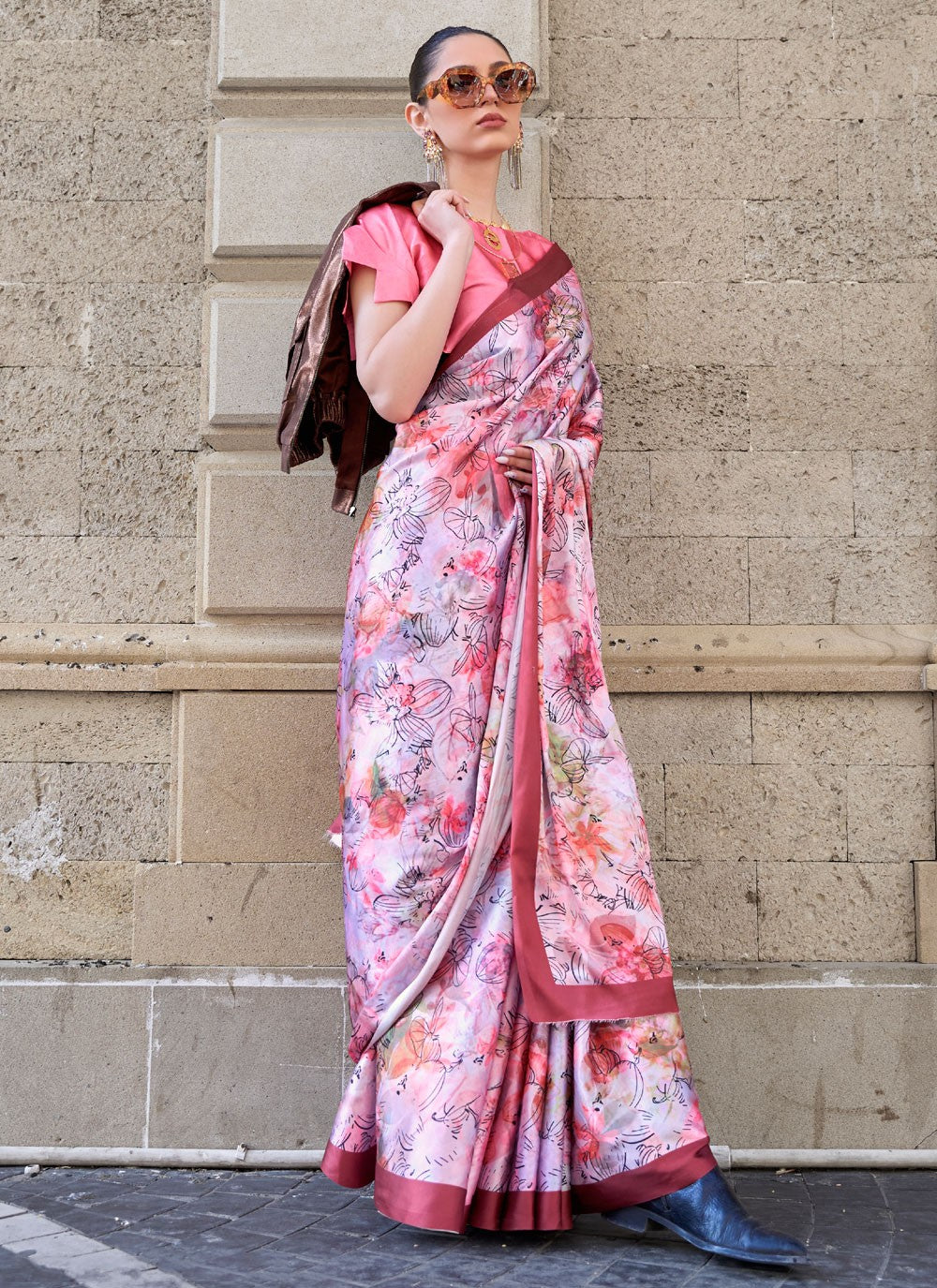 Classic Digital Print Faux Crepe, Satin Saree - S4169