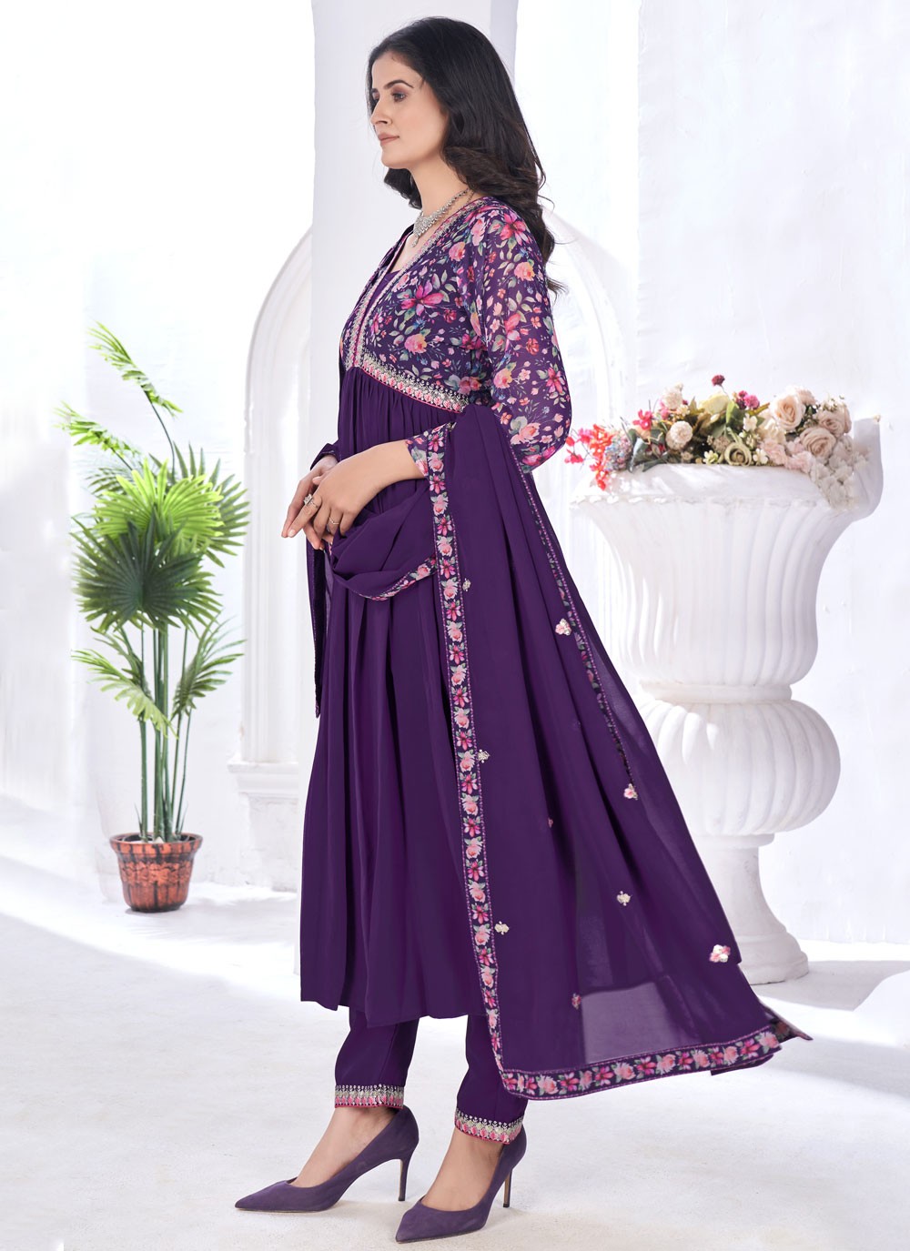 Salwar Suit Digital Print Purple Faux Georgette T5098