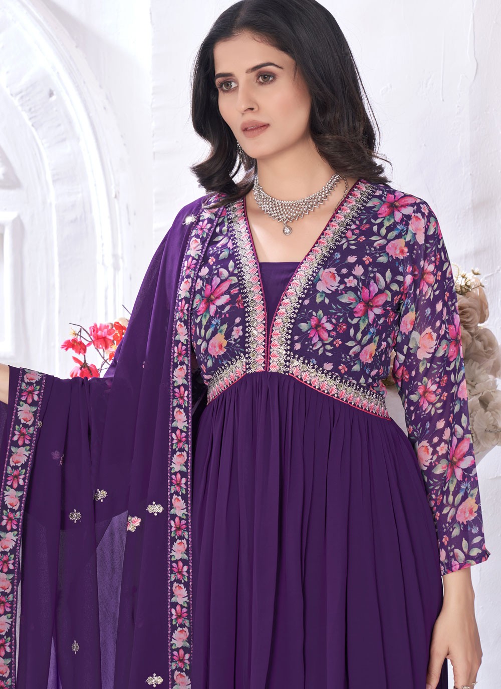 Salwar Suit Digital Print Purple Faux Georgette T5098