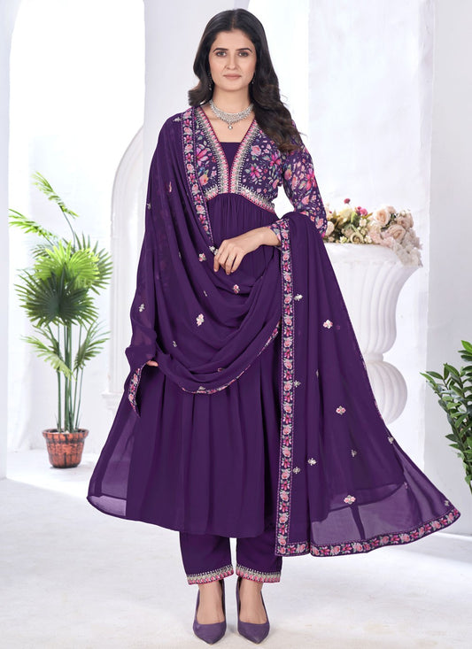 Salwar Suit Digital Print Purple Faux Georgette T5098