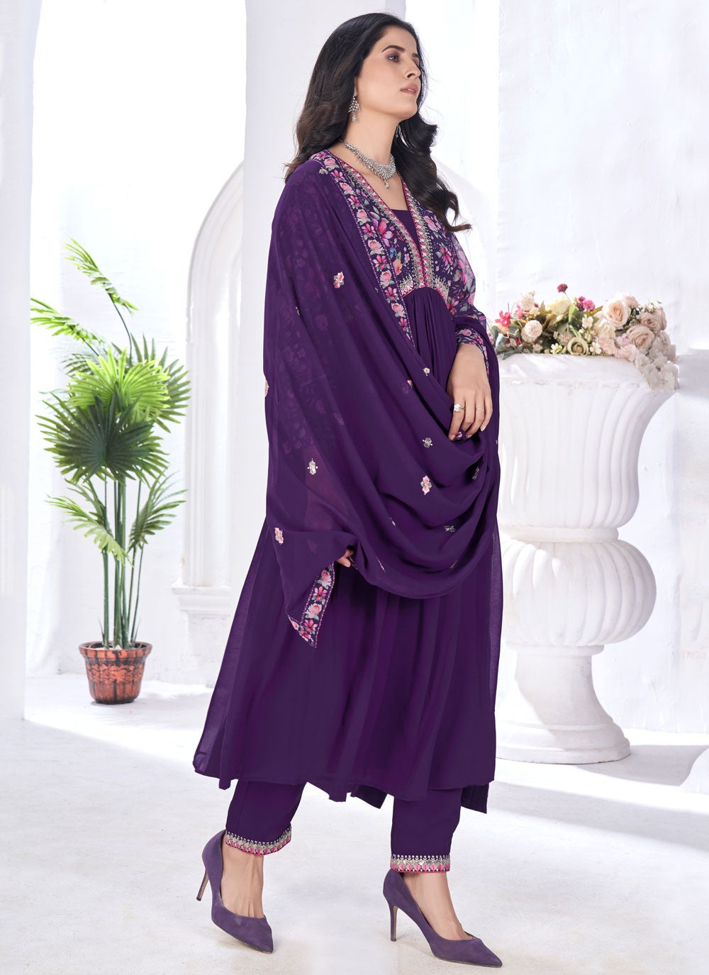 Salwar Suit Digital Print Purple Faux Georgette T5098