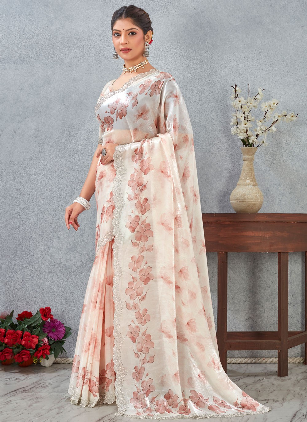 Peach Satin Trendy Saree Digital Print S20256